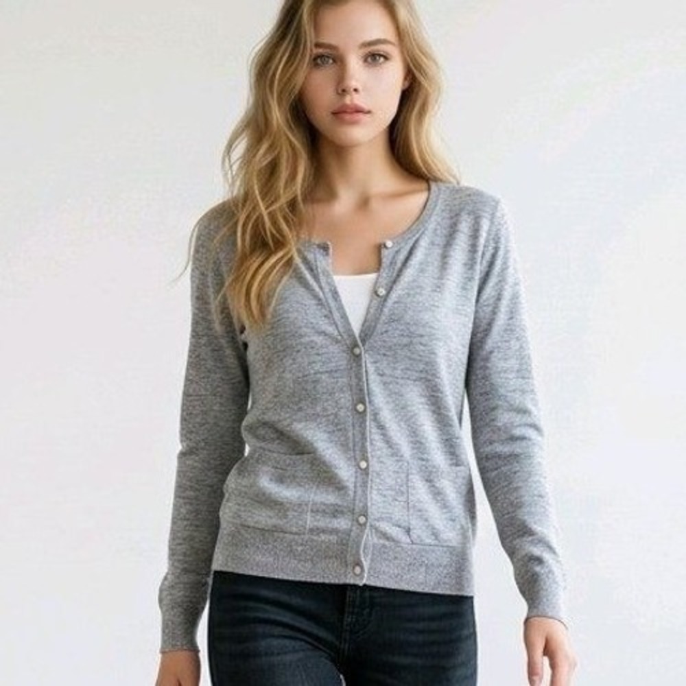 Any SiS Cardigan Grey Pearl Beaded Pocket Button Front Classic Knit 2